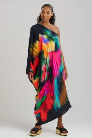 Natori Floral Mirage - Printed Rayon Cover-up One Shoulder Caftan in at Nordstrom, Size Medium