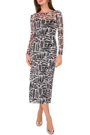Vince Camuto Abstract Print Long Sleeve Mesh Midi Dress in at Nordstrom, Size Small