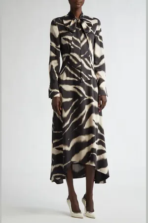 ST. JOHN Zebra Print Long Sleeve Pussy Bow Maxi Dress in at Nordstrom, Size 8