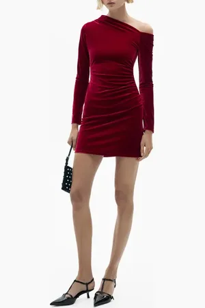 MANGO Asymmetric Long Sleeve Velvet Minidress in at Nordstrom, Size 8