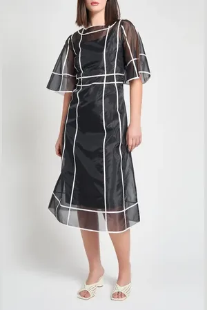 Ming Wang Modern Fit Organza Contrast Stripe A-Line Midi Dress in at Nordstrom, Size X-Small