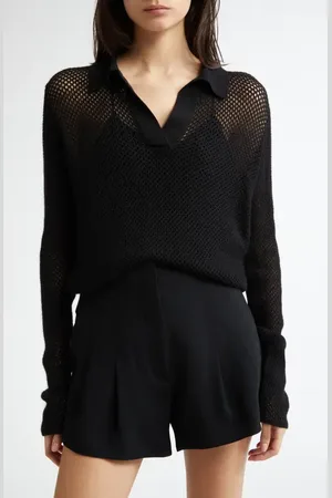Johnstons Of Elgin Superfine Cashmere & Silk Crochet Long Sleeve Polo in at Nordstrom, Size Medium