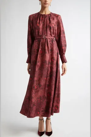 EMILIA WICKSTEAD Bahiti Rose Print Belted Long Sleeve Silk Dress in at Nordstrom, Size 6 Us