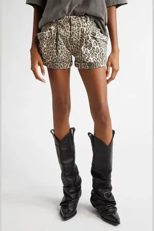 R13 Leopard Print Pleated Pouch Pocket Denim Shorts in at Nordstrom, Size 28