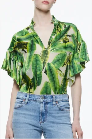 ALICE+OLIVIA Julius Palm Print Stand Collar Blouse in at Nordstrom, Size Small