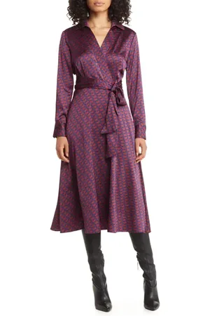 Tahari ASL Geo Print Long Sleeve Hammered Satin Midi Shirtdress in at Nordstrom, Size 12