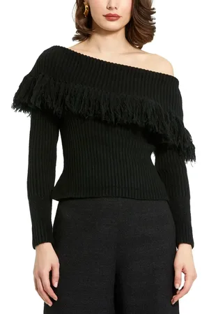 Mac Duggal Off The Shoulder Long Sleeve Fringe Knit Sweater in at Nordstrom, Size X-Small
