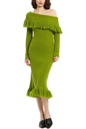Mac Duggal Off The Shoulder Fringe Long Sleeve Knit Dress in at Nordstrom, Size Medium