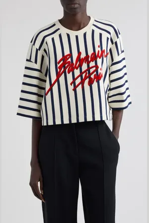 Balmain Baseball Stripe Crop Sweater in at Nordstrom, Size X-Small