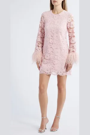 LIKELY Lorie Feather Trim Long Sleeve Lace Minidress in at Nordstrom, Size 00