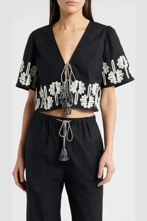 Rails Pari Rickrack Palms Tie Front Cotton Crop Top in at Nordstrom, Size X-Small