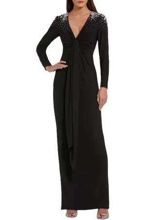 Mac Duggal Jersey V Neck Faux Knot Gown With Beaded Shoulders in at Nordstrom, Size Small
