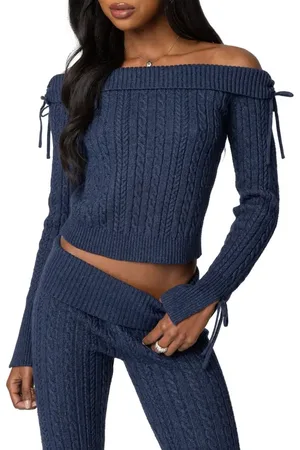 Edikted Chase Foldover Off the Shoulder Bow Trim Sweater in at Nordstrom, Size Large