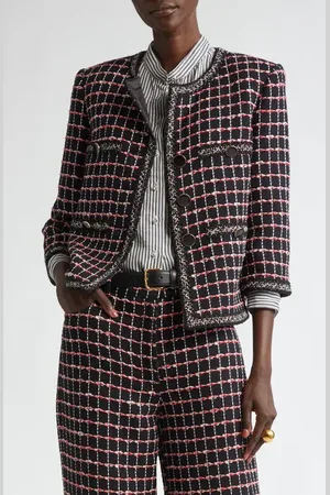 ST. JOHN Windowpane Check Mixed Media Crop Jacket in at Nordstrom, Size 0