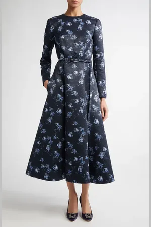 EMILIA WICKSTEAD Capucine Floral Long Sleeve Belted Taffeta Faille Midi Dress in at Nordstrom, Size 2 Us