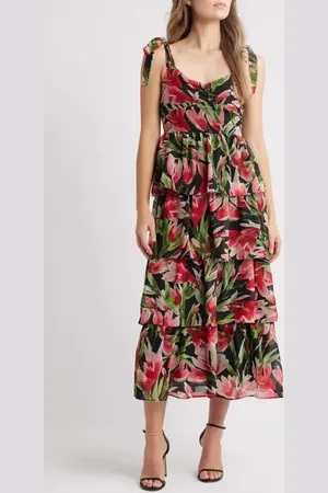 Julia Jordan Floral Tie Strap Tiered Midi Dress in at Nordstrom, Size 2