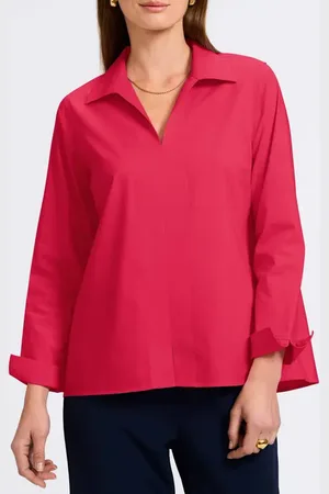 Foxcroft Agnes Split Cuff Popover Blouse in at Nordstrom, Size Large