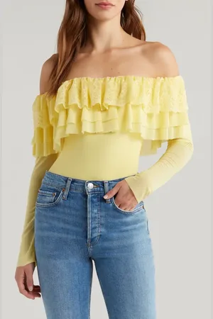 AFRM Saylor Ruffle Detail Off the Shoulder Bodysuit in at Nordstrom, Size X-Small