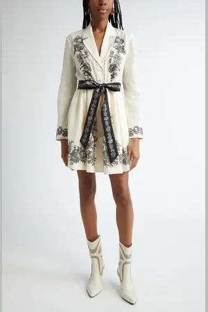 ZIMMERMANN Floral Embroidered Belted Long Sleeve Linen Shirtdress in at Nordstrom, Size 0