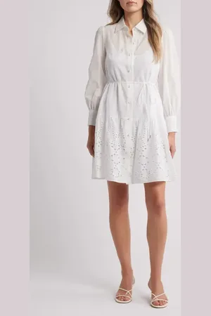 Julia Jordan Long Sleeve Cotton Eyelet Shirtdress in at Nordstrom, Size 6