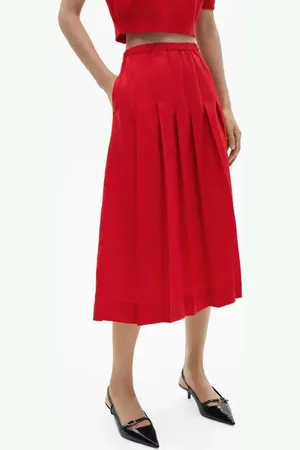 MANGO Pleated Cotton Midi Skirt in at Nordstrom, Size Small