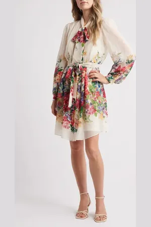 Julia Jordan Floral Print Tie Neck Long Sleeve Dress in at Nordstrom, Size Medium