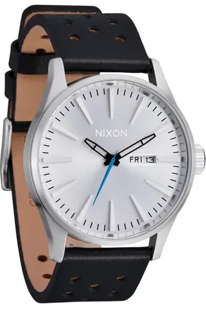 Nixon The Sentry Leather Strap Watch, 42mm in Chrome /Silver Sunray /Black at Nordstrom