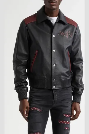AMIRI Colorblock Staggered Logo Leather Jacket in at Nordstrom, Size 42 Us