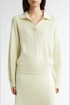 Johnstons Of Elgin Cable Knit Johnny Collar Cashmere Sweater in at Nordstrom, Size Large