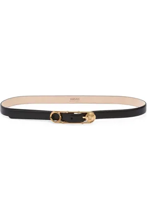 VERSACE Safety Pin Leather Belt in Black- Gold at Nordstrom, Size 75