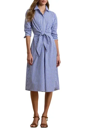 Ralph Lauren Stripe Long Sleeve Cotton Broadcloth Shirtdress in at Nordstrom, Size 14