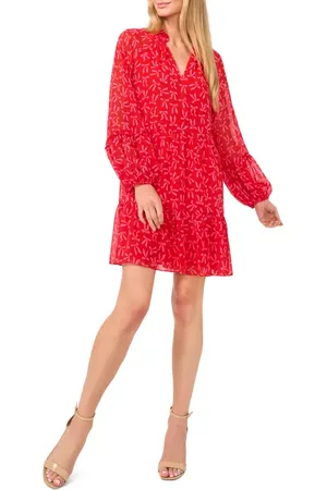 CE&CE Bow Print Long Sleeve Babydoll Dress in at Nordstrom, Size Large