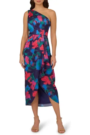 Adrianna Papell Floral One-Shoulder Satin Sheath Dress in at Nordstrom, Size 14