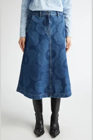 Marimekko Maridenim Suoritus Unikko Floral A-Line Denim Midi Skirt in at Nordstrom, Size 8 Us