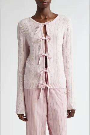 Ganni Front Tie Merino Wool & Cashmere Cable Cardigan in at Nordstrom, Size Small