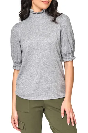 GIBSONLOOK Ruffle Mock Neck Puff Sleeve Sweater in at Nordstrom, Size Medium