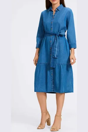 Foxcroft Ivy Long Sleeve Belted Denim Shirtdress in at Nordstrom, Size Small