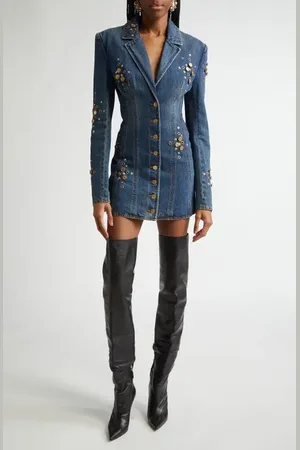 AREA Crystal Button Studded Long Sleeve Denim Blazer Minidress in at Nordstrom, Size 4