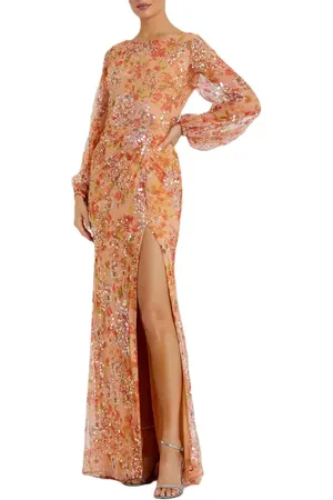 Mac Duggal Floral Print Sequined Puff Sleeve Gown in at Nordstrom, Size 22