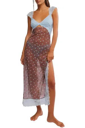 Free People Suddenly Fine Floral Print Cutout Lace Trim Nightgown in at Nordstrom, Size Large