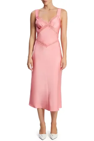 Bardot Emory Lace Trim Cutout Satin Midi Slipdress in at Nordstrom, Size 8