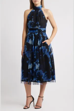 Eliza J Floral Fit & Flare Ilusion Lace Midi Dress in at Nordstrom, Size 0