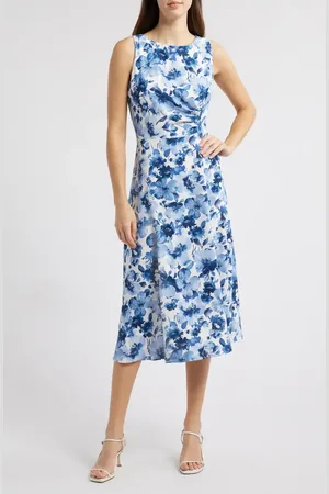 Connected Apparel Floral Sleeveless Pleated Waist A-Line Midi Dress in at Nordstrom, Size 4