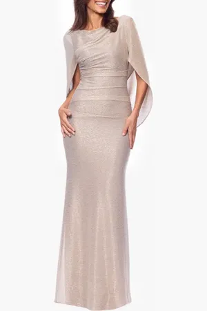Betsy & Adam Crinkle Metallic Cape Sleeve Gown in at Nordstrom, Size 12P