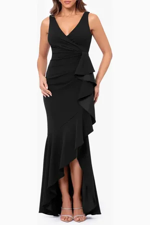 Betsy & Adam V-Neck Cascade Ruffle High-Low Gown in at Nordstrom, Size 8P
