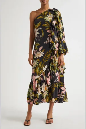 Farm Rio Surreal Flowers One-Shoulder Cr??pe de Chine Midi Dress in at Nordstrom, Size Medium