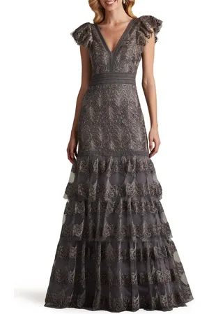 Tadashi Shoji Flutter Sleeve Tiered Plunge Neck Gown in at Nordstrom, Size 6