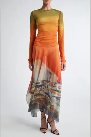 MONSE Printed Mesh Hankerchief Hem Midi Dress in at Nordstrom, Size X-Large