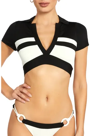 Robin Piccone Babe Stripe Short Sleeve Bikini Top in at Nordstrom, Size Large
