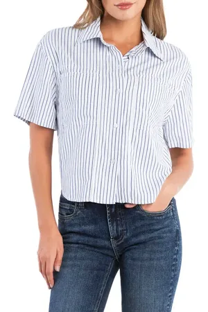 Billy The Kid Spot On Stripe Linen Blend Crop Button-Up Shirt in at Nordstrom, Size Small
